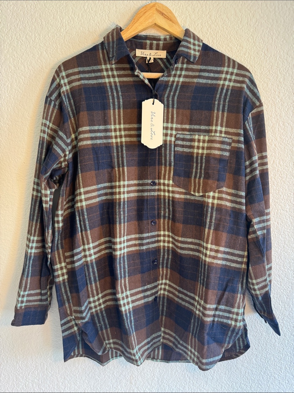 Vine & Love NWT Plaid Button Down Roll Tab Sleeve Tunic Shirt Brown Navy S